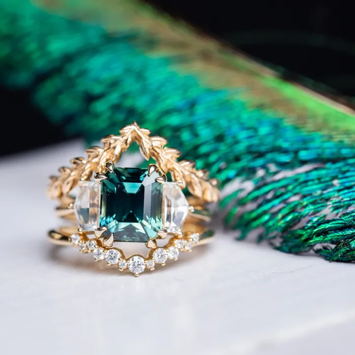 Rings Anueva Jewelry 414ct Emerald Cut Parti Sapphire and Cadillac White Sapphire Three Stone Ring in 14k Yellow Gold
