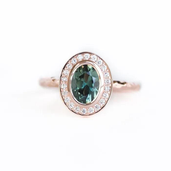 Rings Anueva Jewelry Oval Bezel Set 149ct Color Changing Teal Sapphire and Diamond Halo Engagement Ring 14k Rose Gold Evergreen Band