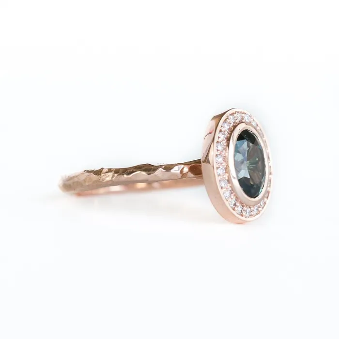 Rings Anueva Jewelry Oval Bezel Set 149ct Color Changing Teal Sapphire and Diamond Halo Engagement Ring 14k Rose Gold Evergreen Band