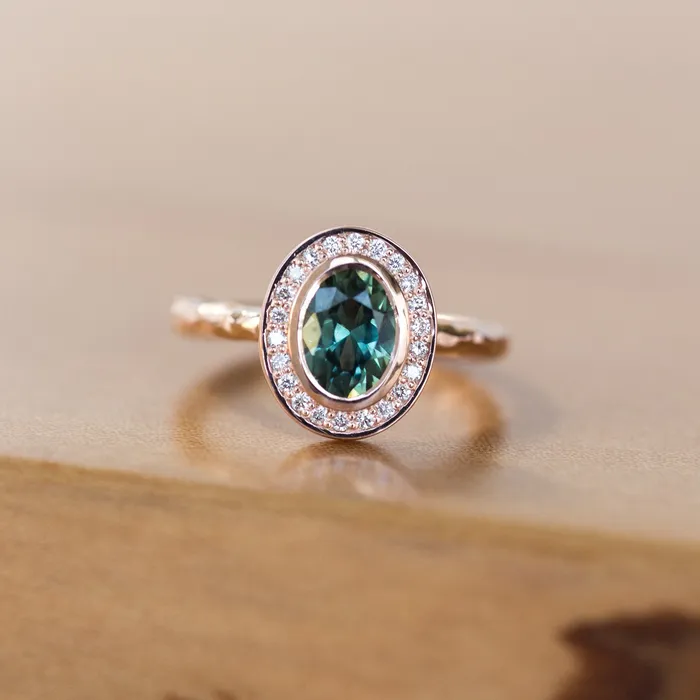 Rings Anueva Jewelry Oval Bezel Set 149ct Color Changing Teal Sapphire and Diamond Halo Engagement Ring 14k Rose Gold Evergreen Band