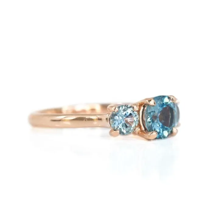 Rings Anueva Jewelry Three Stone Montana Sapphire Ring with 127ct Blue Center in 14k Rose Gold