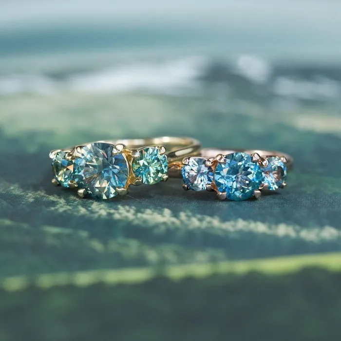Rings Anueva Jewelry Three Stone Montana Sapphire Ring with 127ct Blue Center in 14k Rose Gold