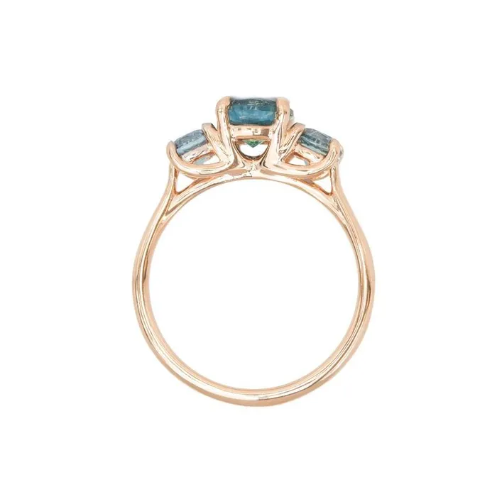 Rings Anueva Jewelry Three Stone Montana Sapphire Ring with 127ct Blue Center in 14k Rose Gold