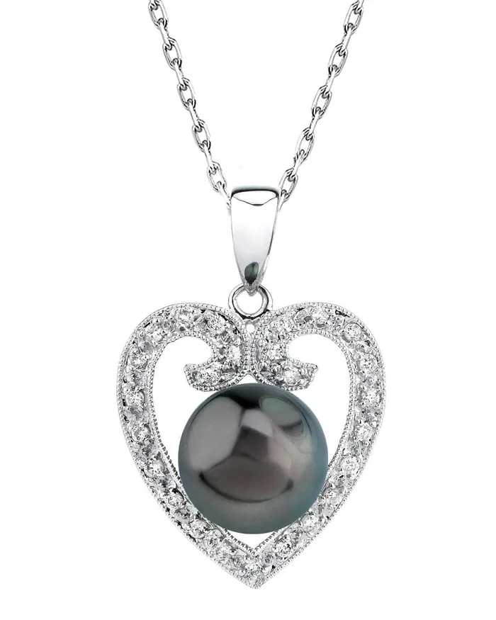 SPT Necklaces Heart Shaped Tahitian South Sea Pearl Diamond Pendant