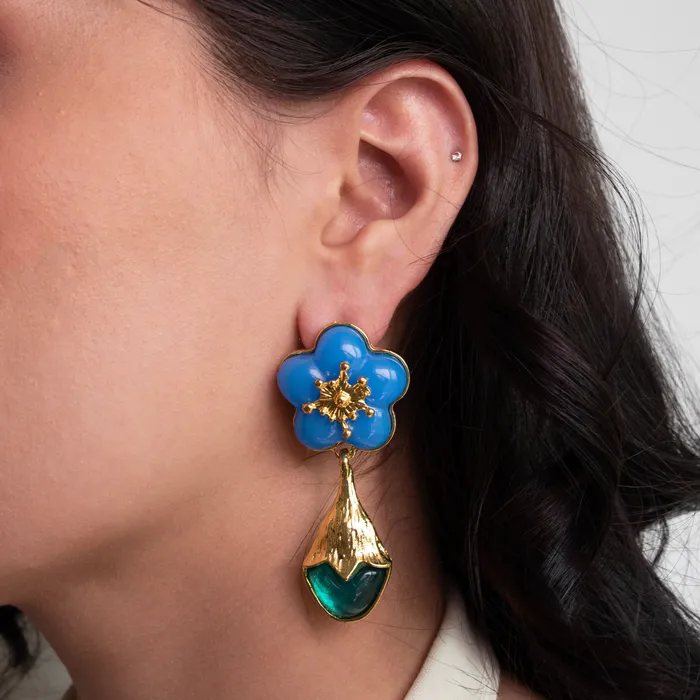 Upakarna Earrings Blue Floral Tulip Drop Earrings
