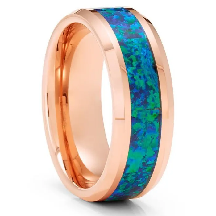 Blue Opal Tungsten Wedding Ring Opal Wedding Rings Rose Gold Tungsten Ring 8mm Clean Casting Jewelry Rings