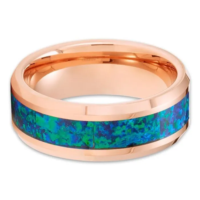 Blue Opal Tungsten Wedding Ring Opal Wedding Rings Rose Gold Tungsten Ring 8mm Clean Casting Jewelry Rings