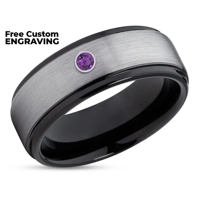 Clean Casting Jewelry Black Tungsten Wedding Band Amethyst Wedding Ring Black Tungsten Band Gray Ring Rings