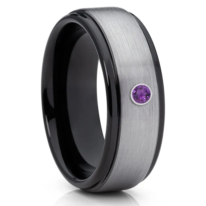 Clean Casting Jewelry Black Tungsten Wedding Band Amethyst Wedding Ring Black Tungsten Band Gray Ring Rings