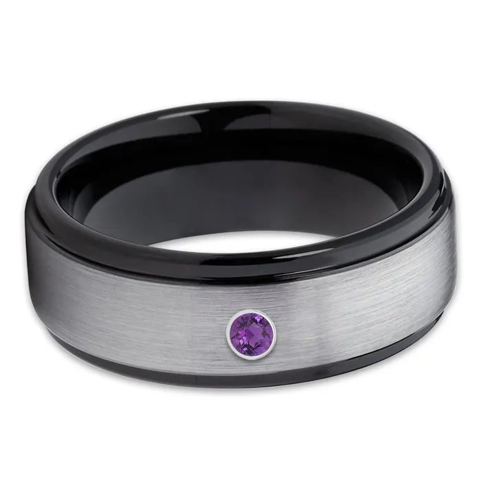 Clean Casting Jewelry Black Tungsten Wedding Band Amethyst Wedding Ring Black Tungsten Band Gray Ring Rings