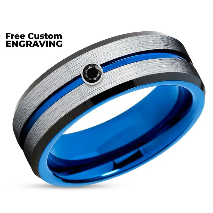 Clean Casting Jewelry Rings Blue Tungsten Wedding Ring Black Diamond Ring Blue Wedding Ring Tungsten