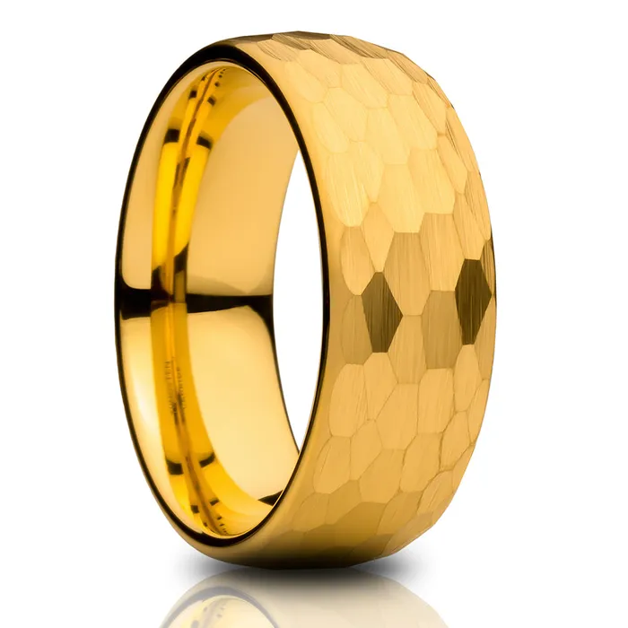 Clean Casting Jewelry Rings Hammered Wedding Ring Yellow Gold Tungsten Ring 8mm Wedding Ring Mans Ring Dome