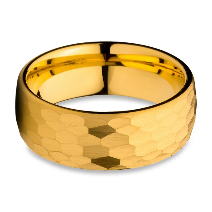 Clean Casting Jewelry Rings Hammered Wedding Ring Yellow Gold Tungsten Ring 8mm Wedding Ring Mans Ring Dome