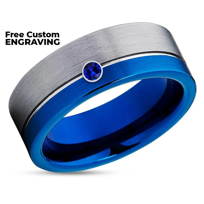 Clean Casting Jewelry Rings Mens Tungsten Ring Gray Tungsten Ring 8mm Wedding Ring Blue Sapphire Ring