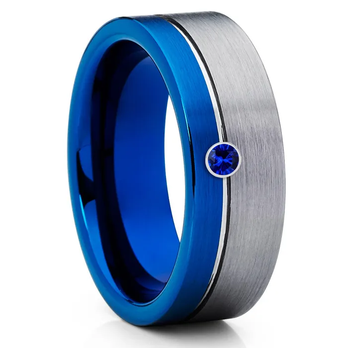 Clean Casting Jewelry Rings Mens Tungsten Ring Gray Tungsten Ring 8mm Wedding Ring Blue Sapphire Ring