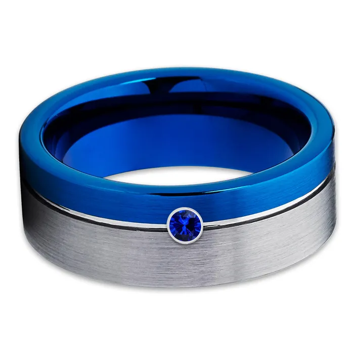 Clean Casting Jewelry Rings Mens Tungsten Ring Gray Tungsten Ring 8mm Wedding Ring Blue Sapphire Ring