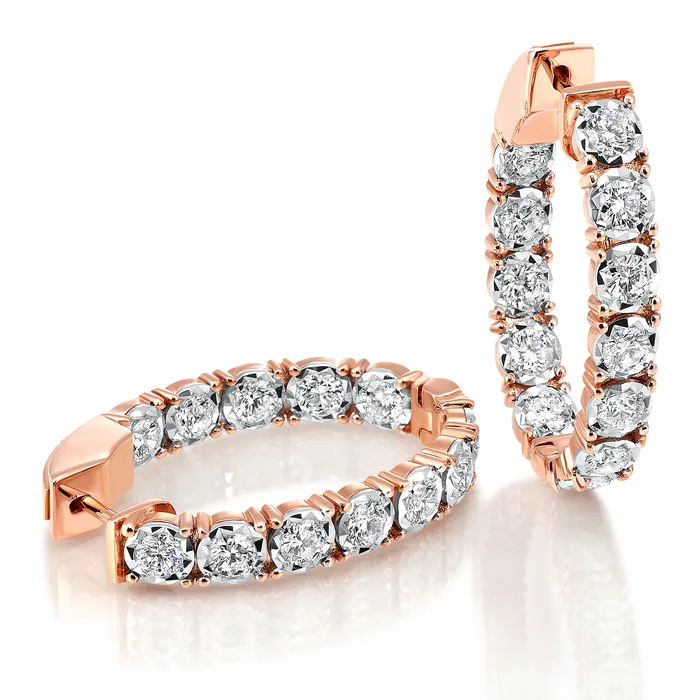 Earrings International Diamond Center 14Kt Rose Gold Diamond Oval Inside Out Hoop Earrings 1 CTW Earrings International Diamond Center 14Kt Rose Gold Diamond Oval Inside Out Hoop Earrings 1 CTW
