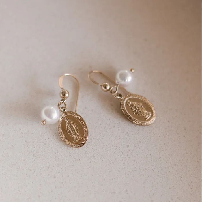 Earrings The Little Catholic Miraculous Medal Earrings with Freshwater Pearl