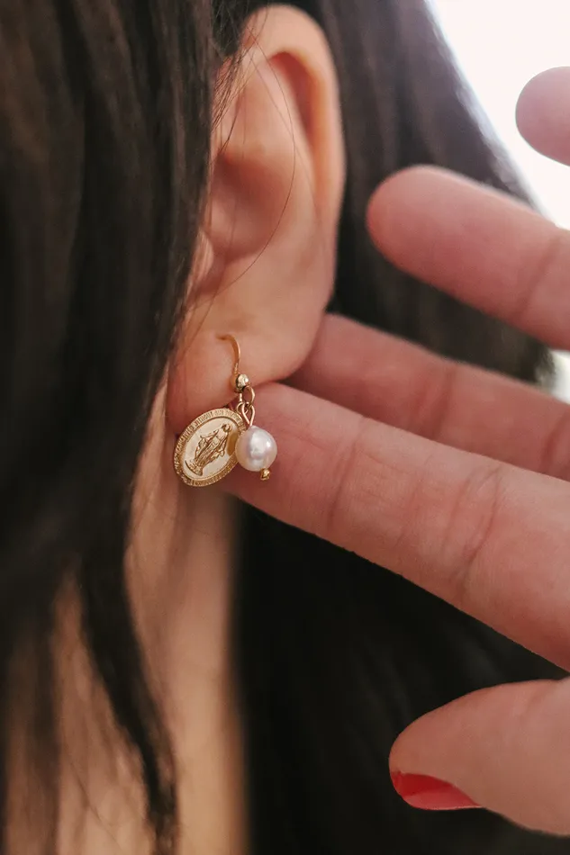 Earrings The Little Catholic Miraculous Medal Earrings with Freshwater Pearl