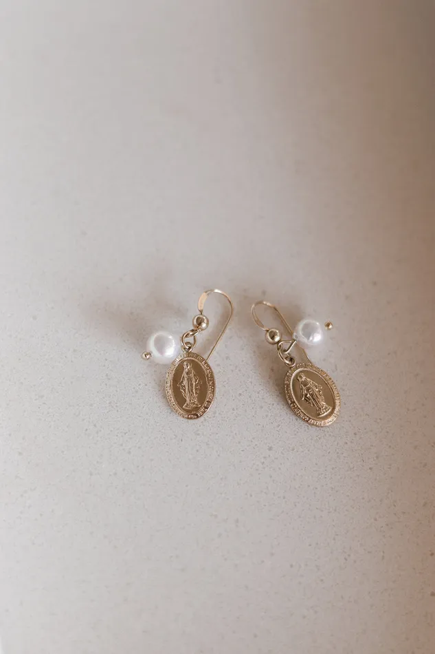 Earrings The Little Catholic Miraculous Medal Earrings with Freshwater Pearl