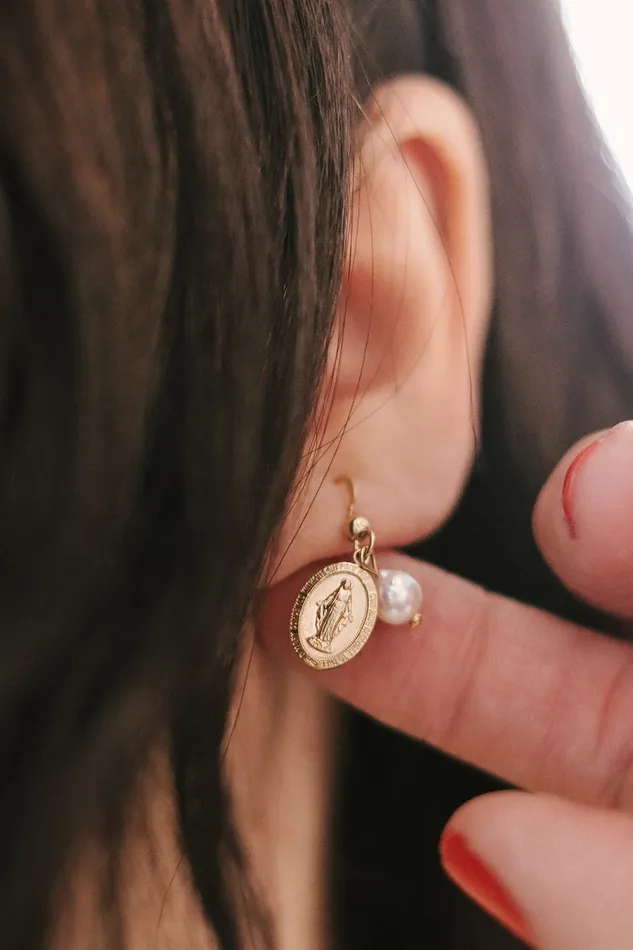 Earrings The Little Catholic Miraculous Medal Earrings with Freshwater Pearl