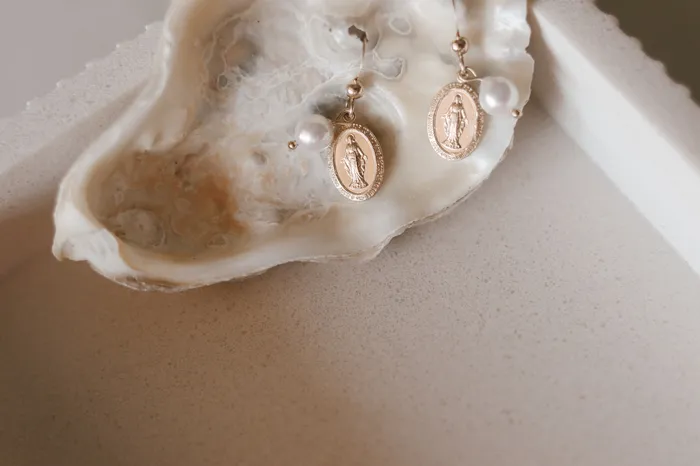 Earrings The Little Catholic Miraculous Medal Earrings with Freshwater Pearl