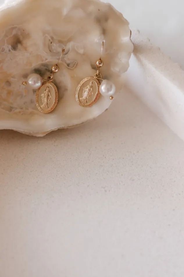 Earrings The Little Catholic Miraculous Medal Earrings with Freshwater Pearl
