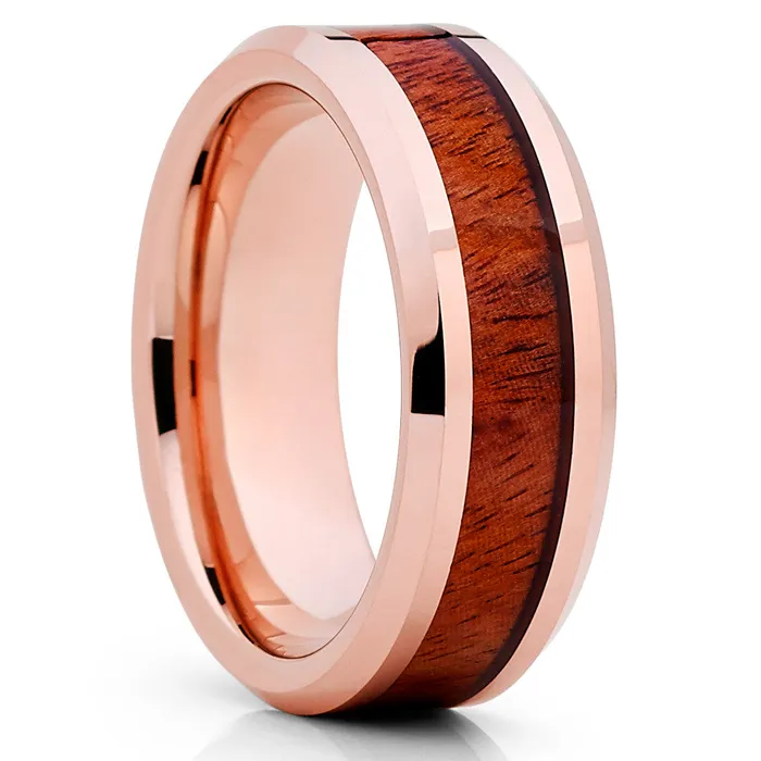 Koa Wood Wedding Ring Rose Gold Wedding Ring Tungsten Ring Wedding Band Clean Casting Jewelry Rings