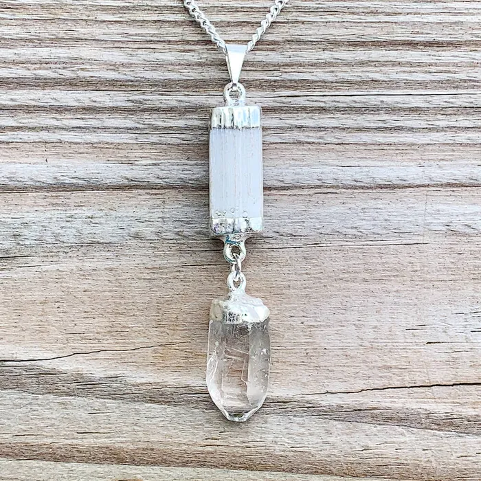 Magic Crystals Necklaces Selenite and Clear Quartz Cluster Pendant Necklace