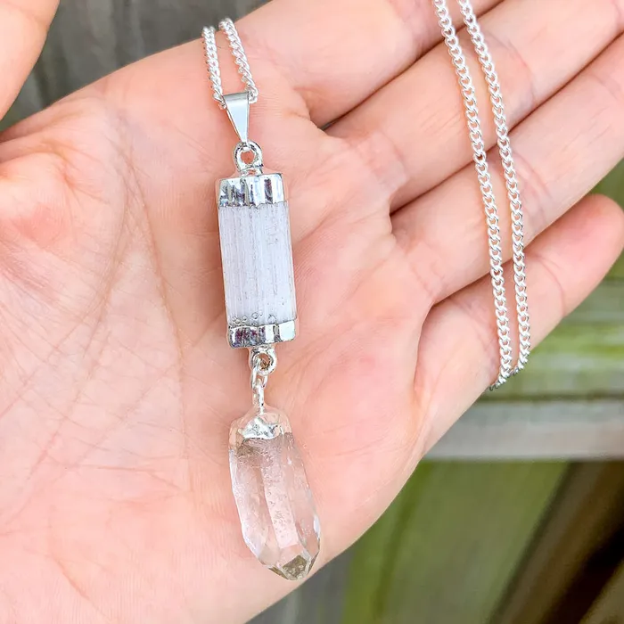Magic Crystals Necklaces Selenite and Clear Quartz Cluster Pendant Necklace