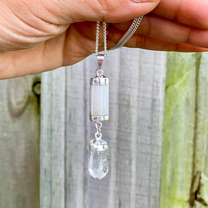 Magic Crystals Necklaces Selenite and Clear Quartz Cluster Pendant Necklace