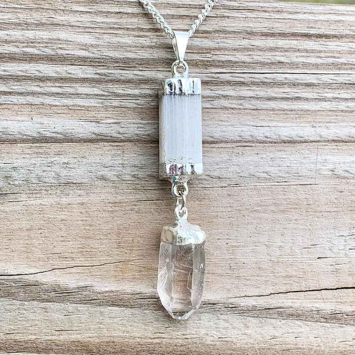 Magic Crystals Necklaces Selenite and Clear Quartz Cluster Pendant Necklace