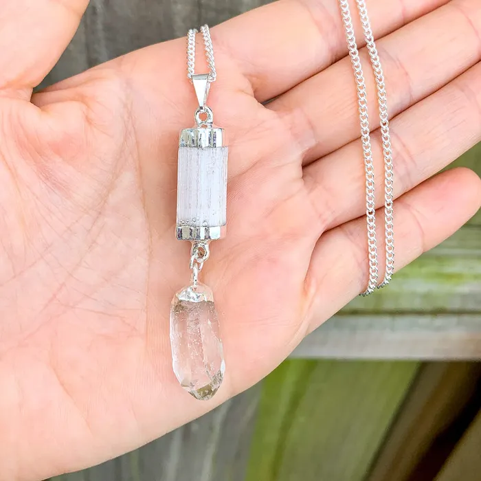 Magic Crystals Necklaces Selenite and Clear Quartz Cluster Pendant Necklace