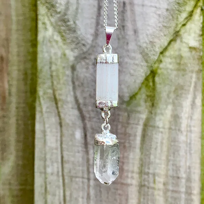 Magic Crystals Necklaces Selenite and Clear Quartz Cluster Pendant Necklace
