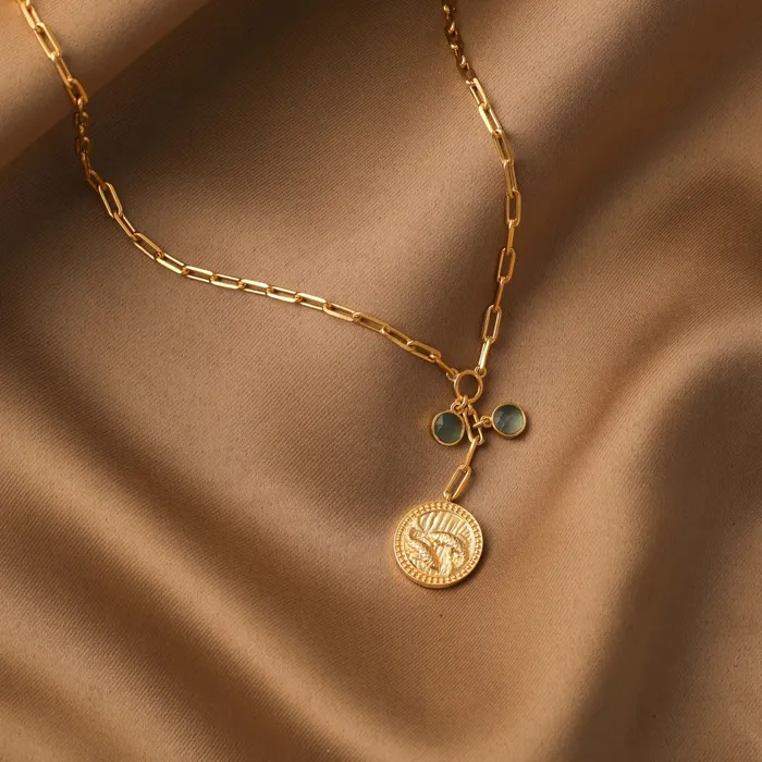 Necklaces Aquamarine Pisces Zodiac Coin Gold Plated Silver Necklace SILVER