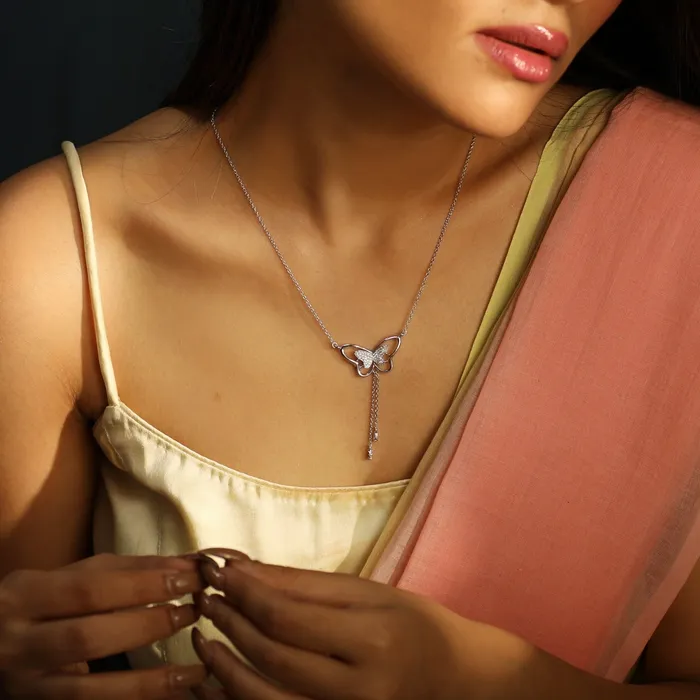 Necklaces SILVER Butterfly Drop CZ Charm Delicate Silver Necklace