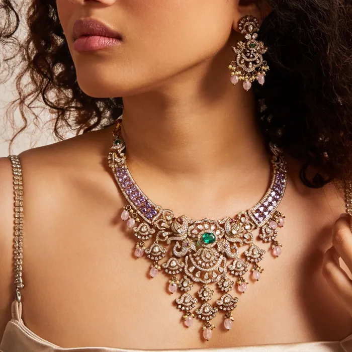Necklaces SILVER Elephant and Peacock Moissanite Silver Necklace Set