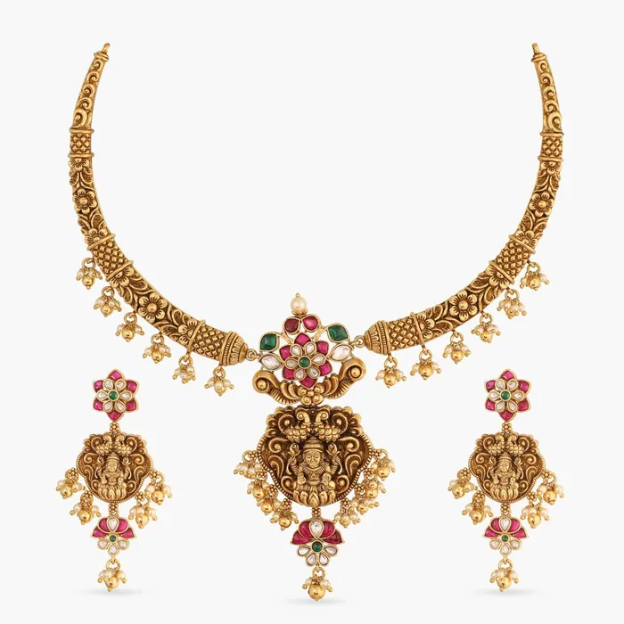 Necklaces Sulochana Nakshi Antique Silver Hasli Necklace Set SILVER