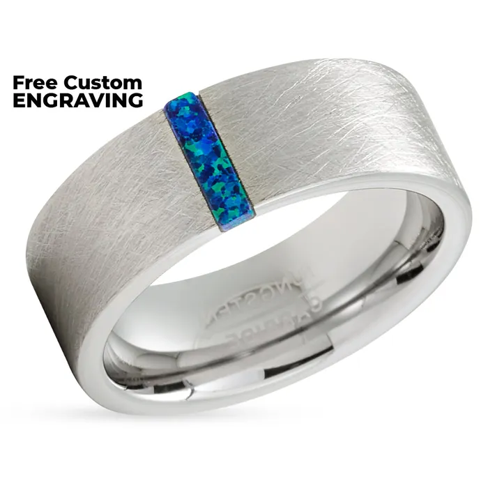 Opal Wedding Ring Blue Opal Ring Tungsten Wedding Band Tungsten Wedding Ring Clean Casting Jewelry Rings