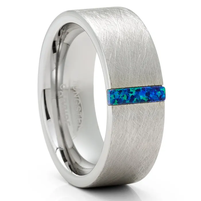 Opal Wedding Ring Blue Opal Ring Tungsten Wedding Band Tungsten Wedding Ring Clean Casting Jewelry Rings