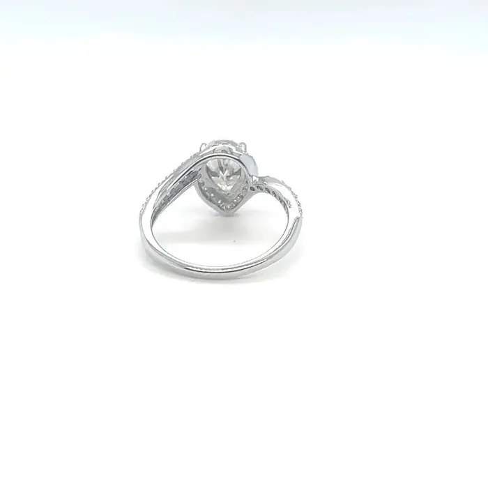 PLATINUM PLATED SILVER THROUGH THICK AND THIN RING 1CT PEAR SHAPED MOISSANITE W POETRY CARD Luxus Moissanite Rings
