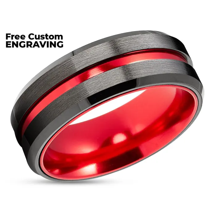 Red Wedding Ring Gunmetal Wedding Band Tungsten Wedding Ring Black Ring Red Band Clean Casting Jewelry Rings