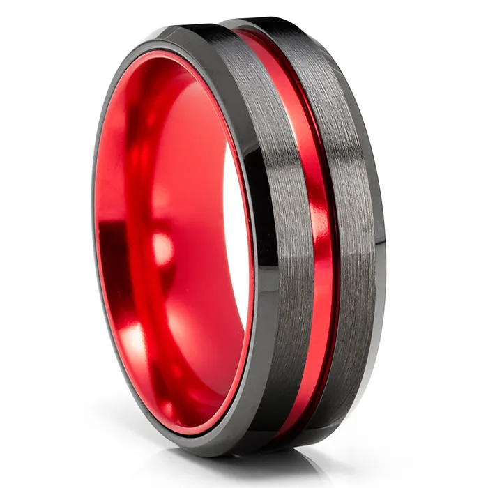 Red Wedding Ring Gunmetal Wedding Band Tungsten Wedding Ring Black Ring Red Band Clean Casting Jewelry Rings