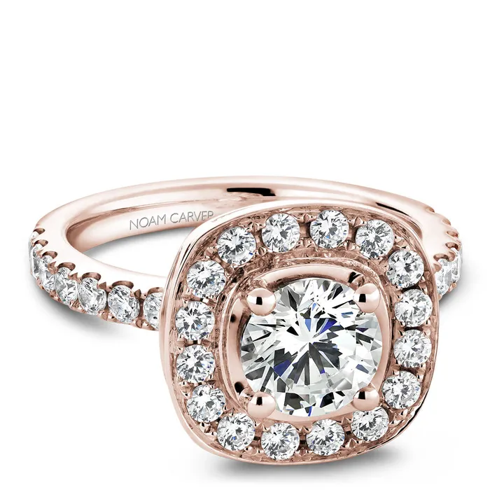 Rings International Diamond Center Noam Carver Rose Gold Diamond Engagement Ring Setting with Channel Set Cushion Halo 080 CTW