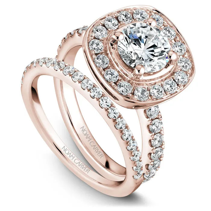 Rings International Diamond Center Noam Carver Rose Gold Diamond Engagement Ring Setting with Channel Set Cushion Halo 080 CTW