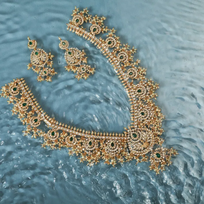 SILVER Necklaces Nalina Gold Plated CZ Silver Guttapusalu Necklace Set
