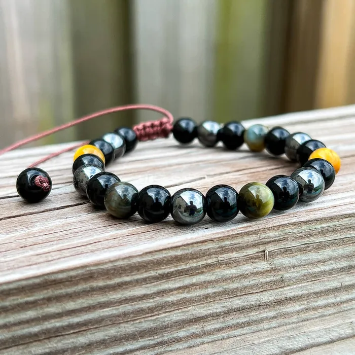 Triple Protection Bracelet Adjustable Natural Dreamy Tiger Eye Black Obsidian and Hematite Beads Magic Crystals Bracelets