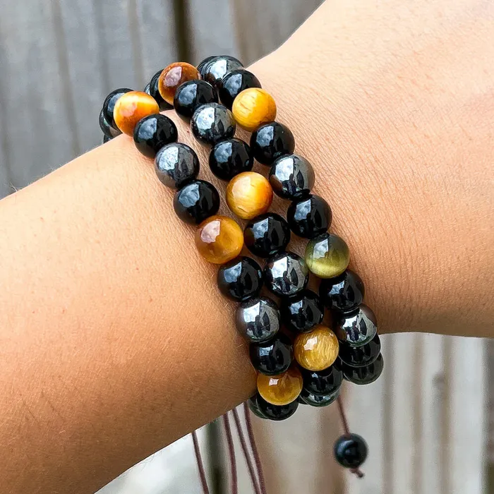 Triple Protection Bracelet Adjustable Natural Dreamy Tiger Eye Black Obsidian and Hematite Beads Magic Crystals Bracelets