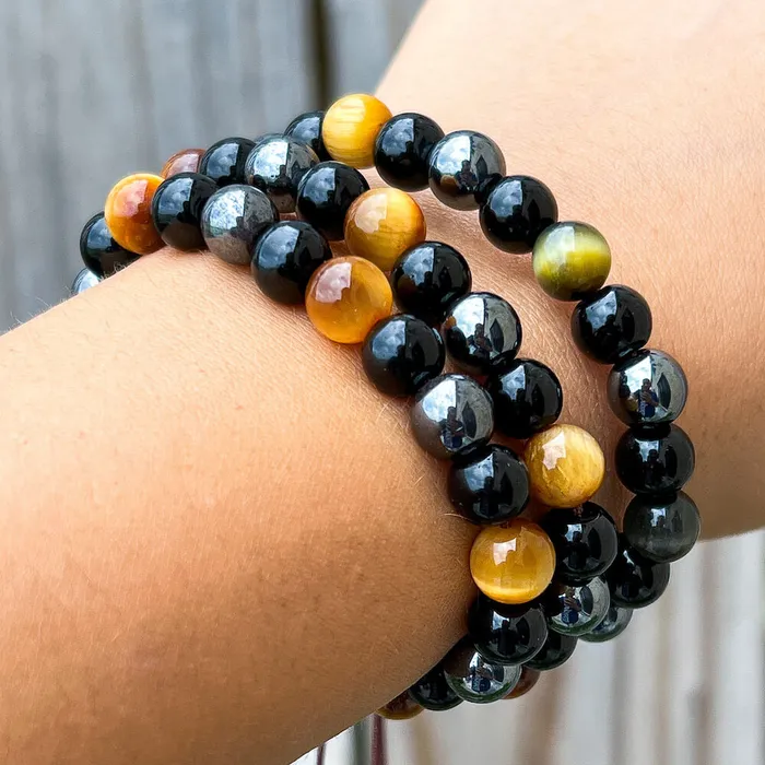 Triple Protection Bracelet Adjustable Natural Dreamy Tiger Eye Black Obsidian and Hematite Beads Magic Crystals Bracelets