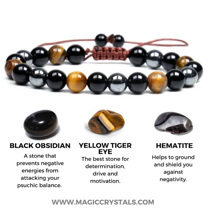 Triple Protection Bracelet Adjustable Natural Dreamy Tiger Eye Black Obsidian and Hematite Beads Magic Crystals Bracelets